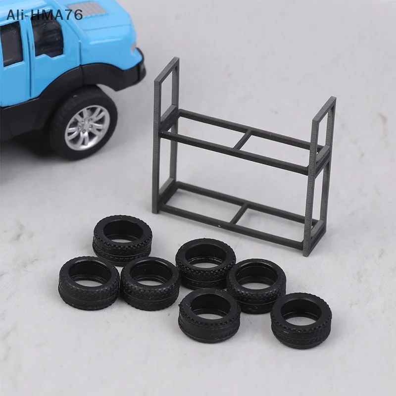 HMA76-1: Stojak na opony w skali 1:64 i 7 opon, akcesorium do sceny garażu modelarskiego, zestaw narzędzi warsztatowych, miniaturowy rekwizyt
