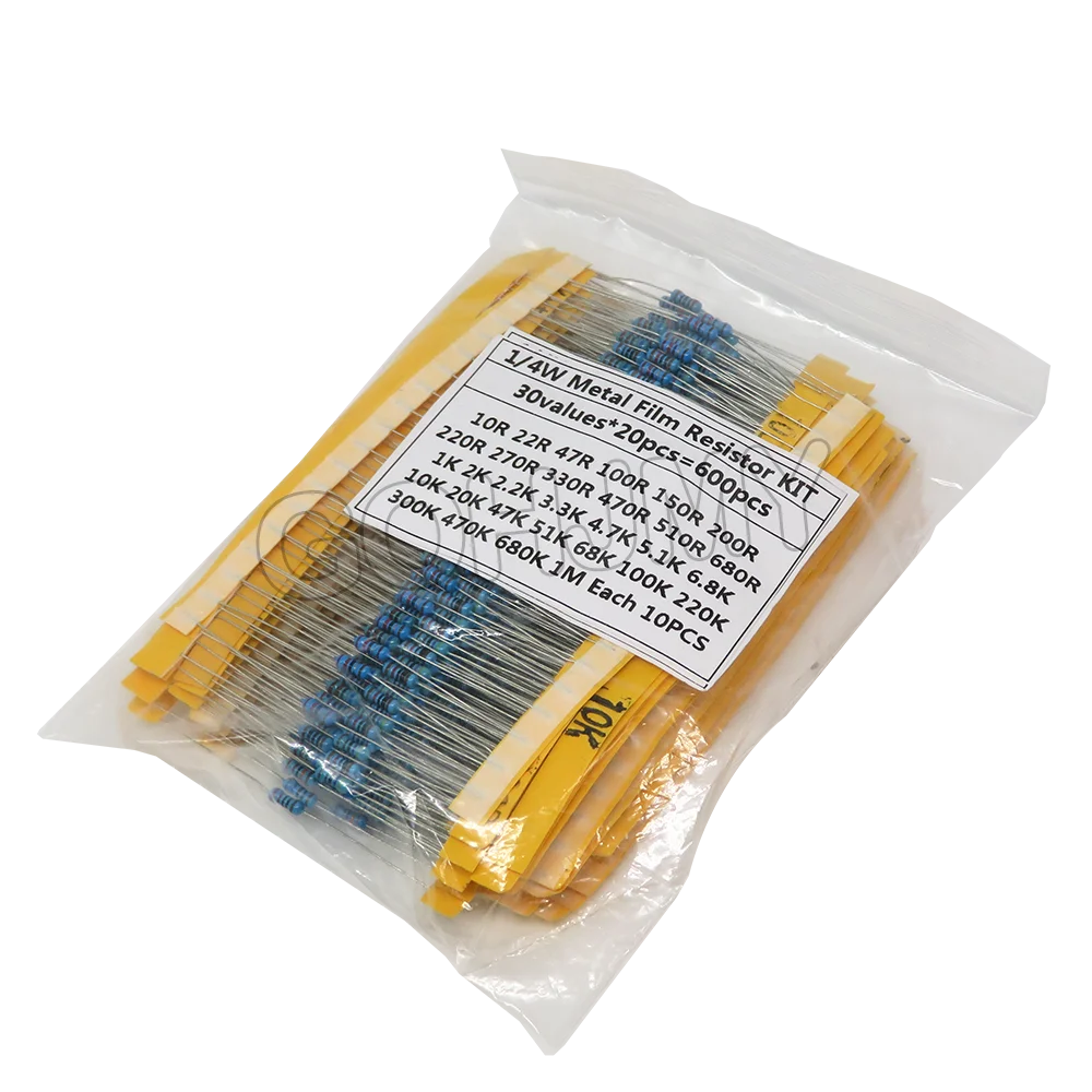 600pcs/set 30 Kinds 1/4W Resistance 1% Metal Film Resistor Pack Assorted Kit 1K 10K 10K 100K 220ohm 330R 1M Resistors 300pcs/set