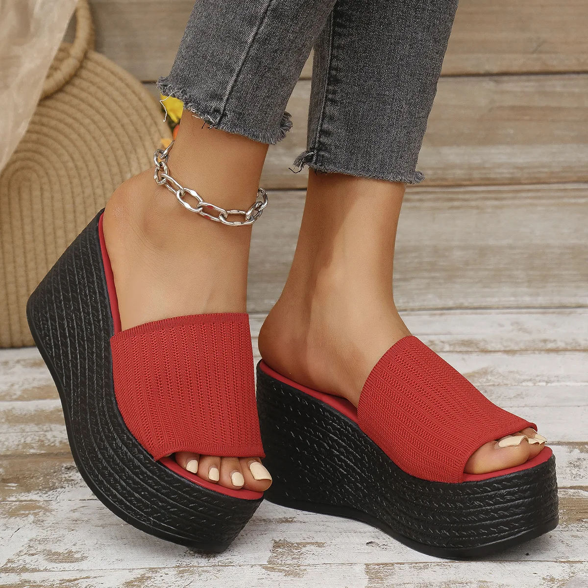 Summer Platform Women Slippers Mesh Flower High Heels Female Casual Shoes Wedges Fashion Fish Mouth Women\'s Roman Slides Shoe