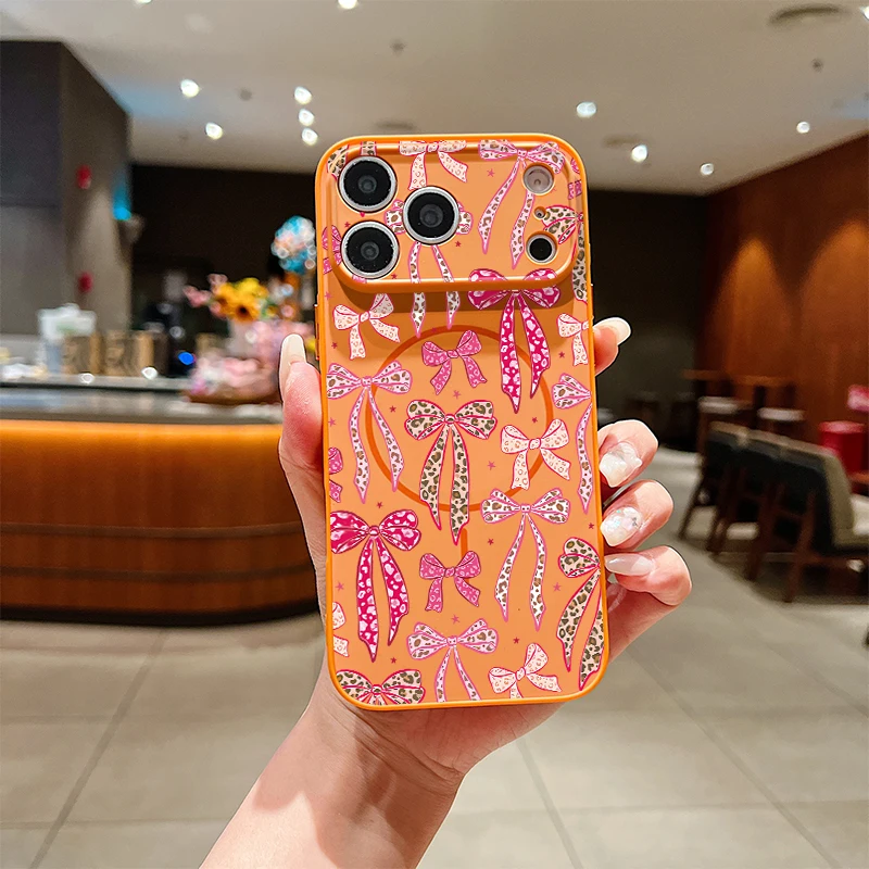 

For iPhone 13 Pro Max Bow Knots Strawberry Pattern For iPhone 11 12 Pro For Magsafe Magnetic Shockproof Matte Bumper Capa