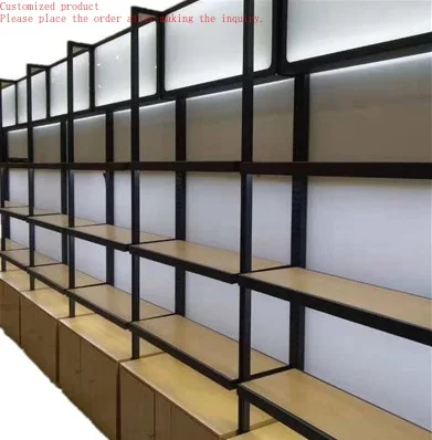 

Custom.Customized Shelves Exclusive Shops Specialty Grocery Retail Stores Wooden and Steel Gondola Wall Display Rack With Light