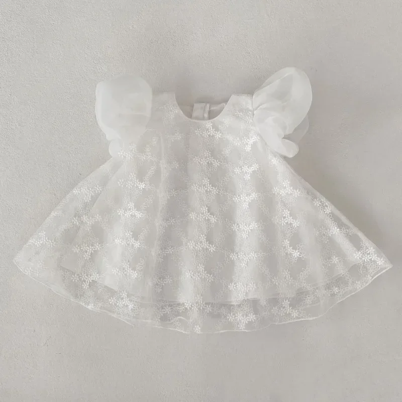 New Summer Infant Baby Girls Dresses Round Collar Short Sleeves Solid Color Lace White Princess Dresses H7009
