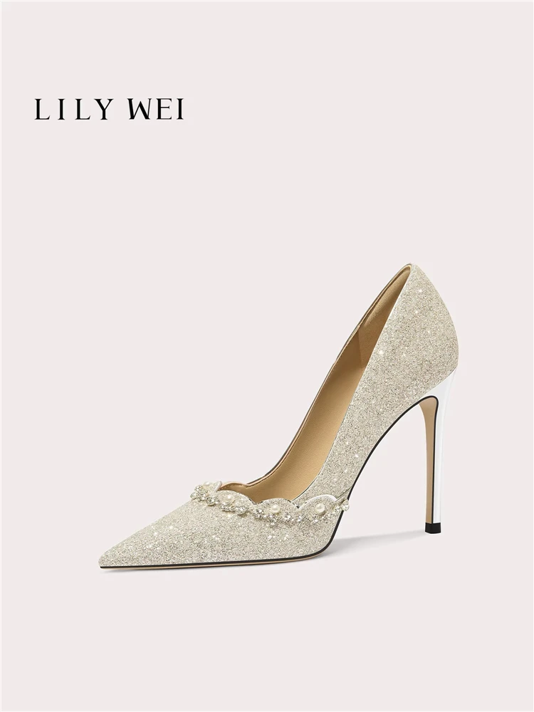 Spring pointed toe sequin face pearl beads rhinestone flat shoes banquet large size small size high heel wide version women shoe