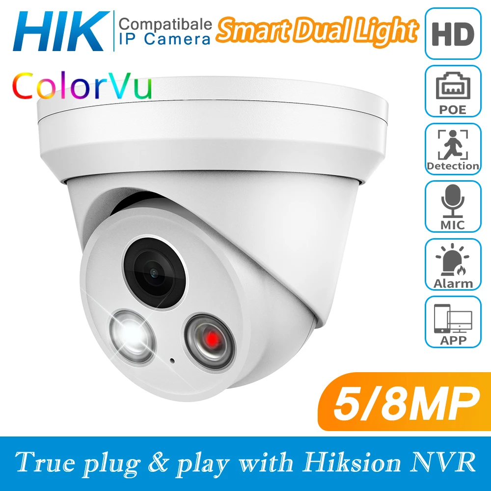 Hikvision Compatible 4K HD IP Camera 5MP 8MP Security Smart Dual Light IR Color Night Vision Built-in Mic Surveillance Camera