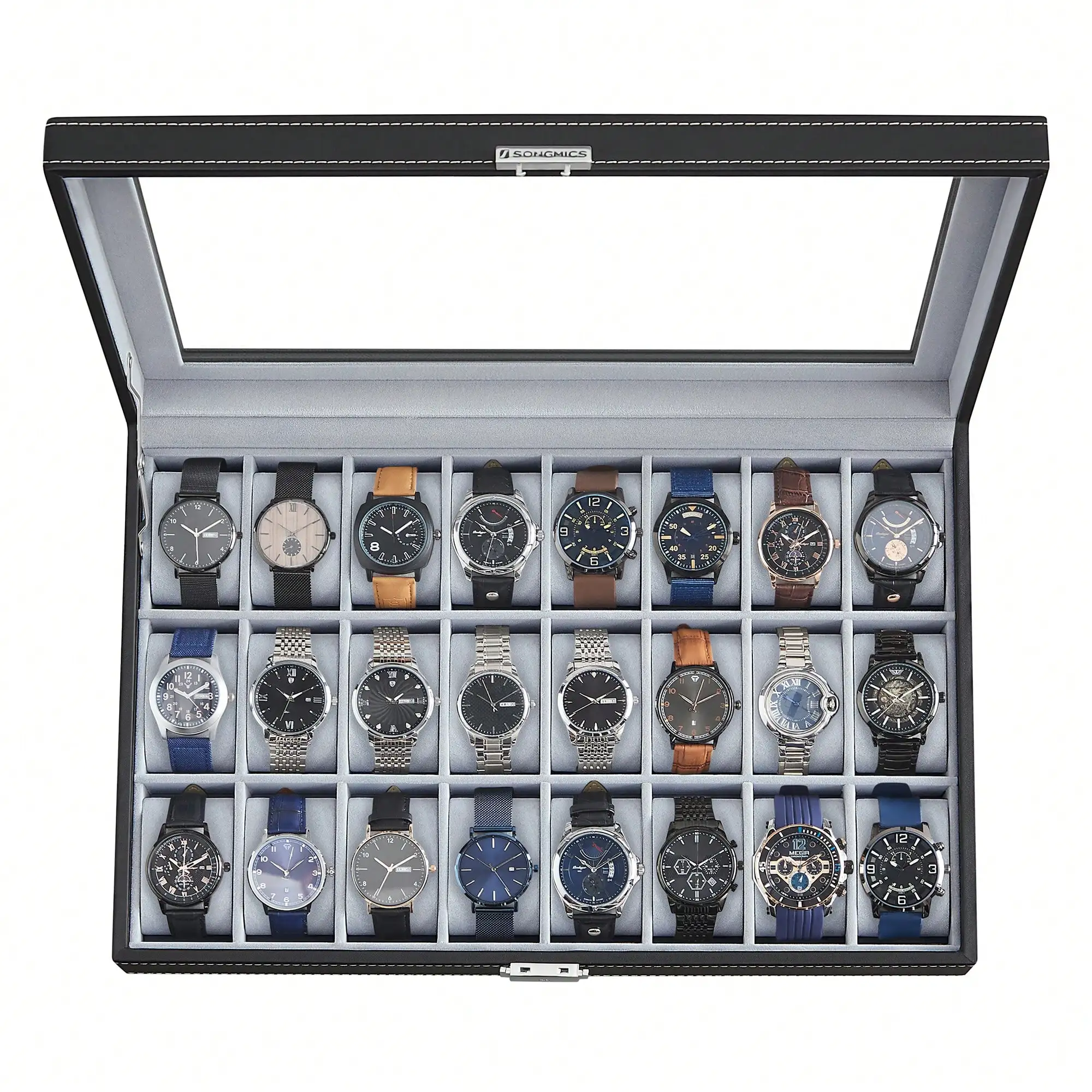 Lockable 24 Slot Watch Storage Box with Glass Top, Premium Watch Display Case with Removable Cushions & Key Lock, Black Faux Leather Watch Organizer for Men, Ideal Gift for Husband Dad