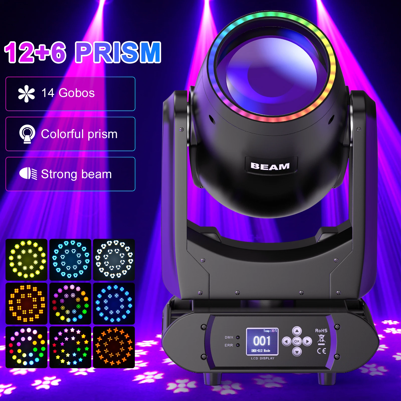 Yiflamefly 300W LCD Moving Head Light Stage Light DMX512 17CH Control Channel for Disco DJ Dance Hall Party Bar Performance