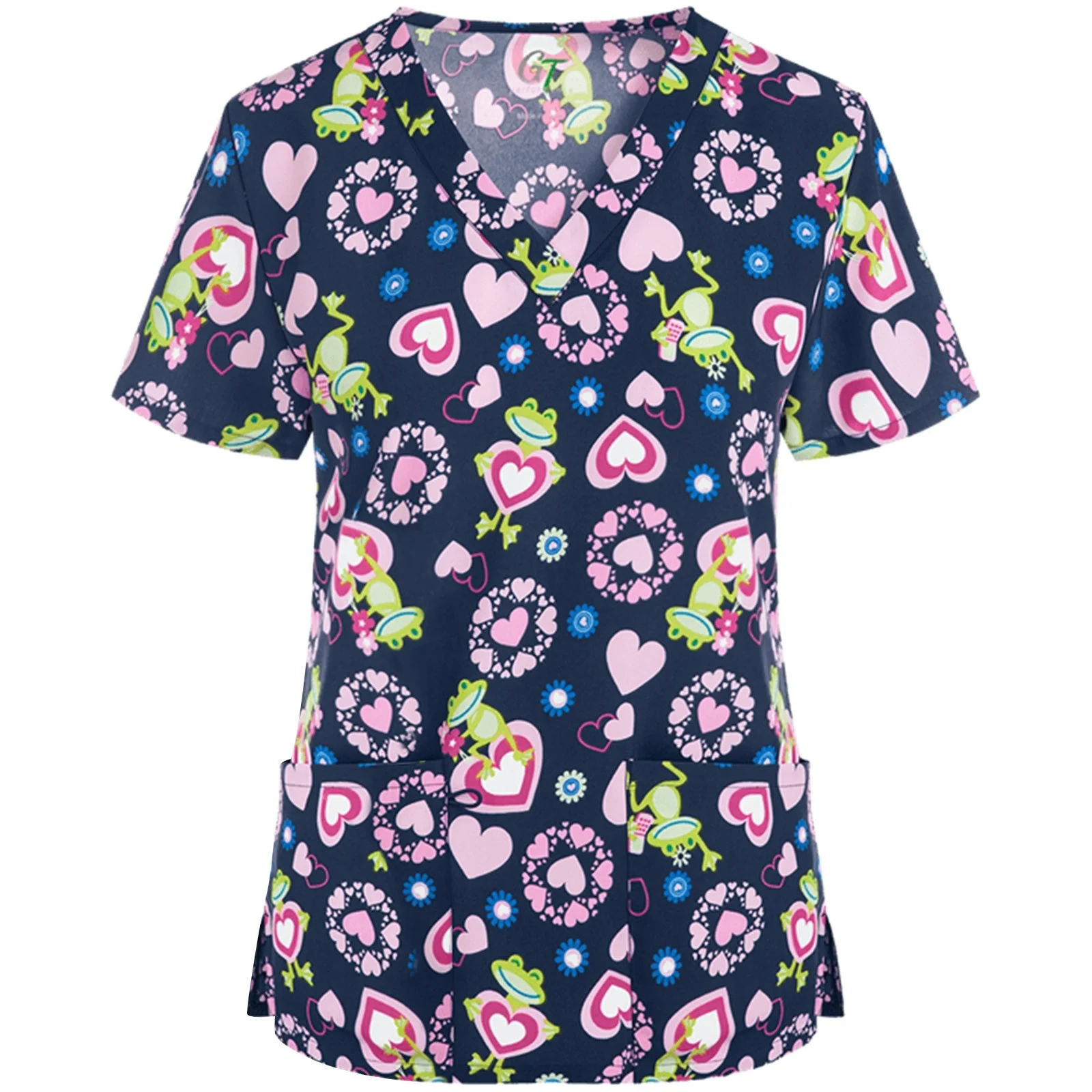 Uniforme de trabajo para mujer, Tops de manga corta con cuello en V y estampado de animales de dibujos animados de gato y perro, blusa para mujer, Ropa de Trabajo de enfermera, uniformes médicos para enfermera
