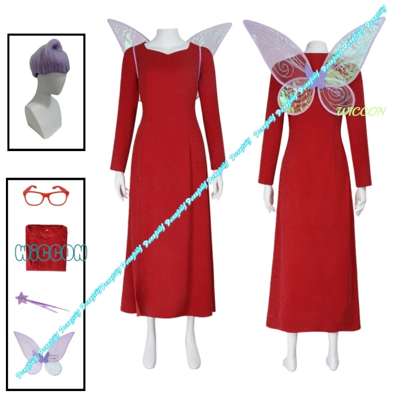 Disfraz de hada madrina para mujer, vestido rojo largo de Dios madre, alas de hada para fiesta de carnaval, accesorios mágicos