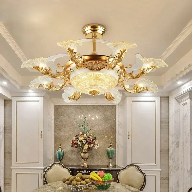 2025 New Crystal Nordic Invisible Ceiling Fan Light Living Room Remote Control Retro Atmospheric Pendant Light Home Appliances