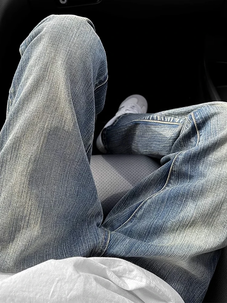 

Мужские джинсы в американском ретро-стиле, синие, с высокой талией, из бамбукового волокна, прямые, слегка расклешенные, молодежные, летние, модные