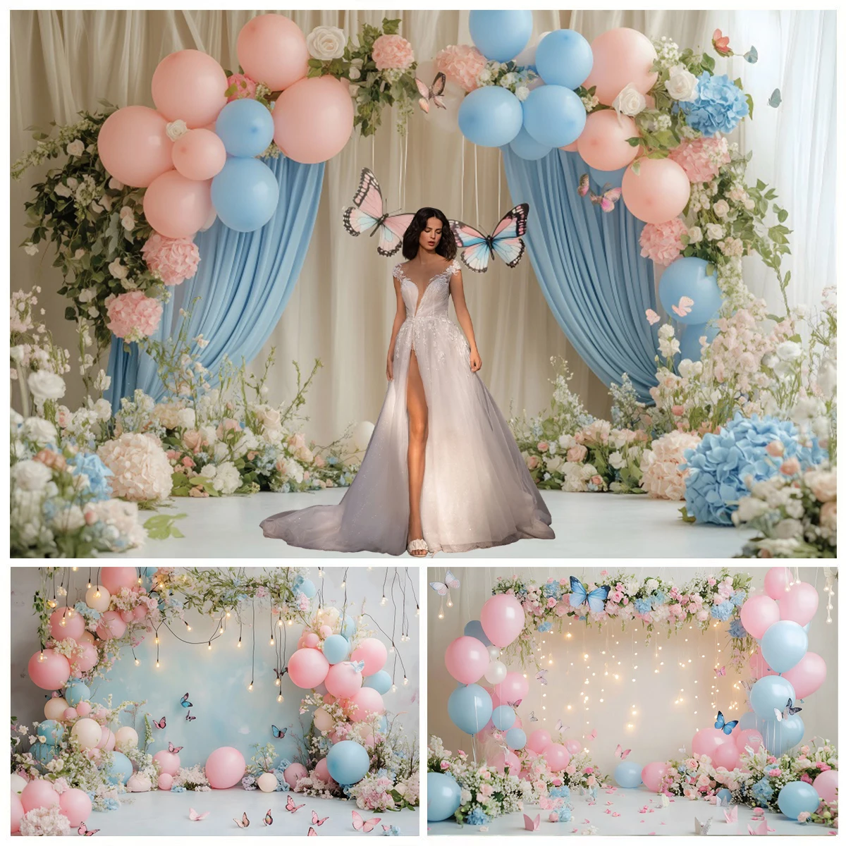 

Balloon Butterfly Background for Photographs Pink White Balloon Arch Wedding Kid Portrait Baby Birthday Decor Backdrop Photozone
