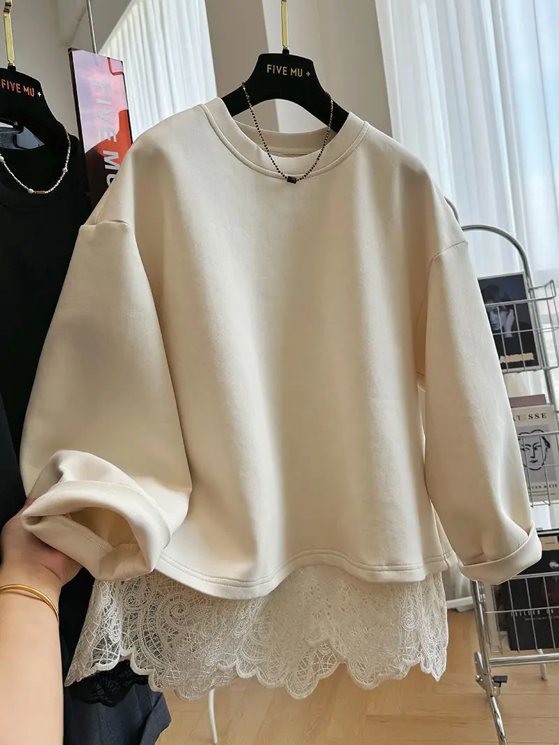 New Style Lace Splicing Fake Two-piece Pullover O Neck Sweatshirt For Women Spring Autumn Loose Top Fashion Casual Solid Hoodie