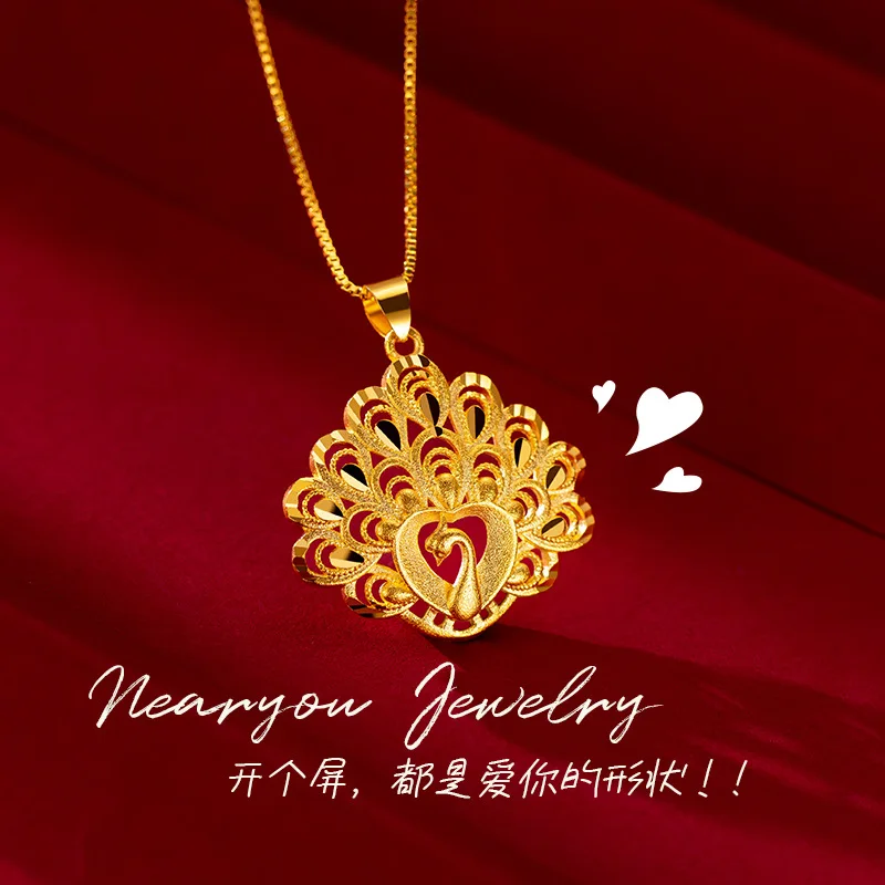 Golden Peacock Pendant Gold Women's Wedding Opening Peacock Necklace Pendant Fine Jewelry