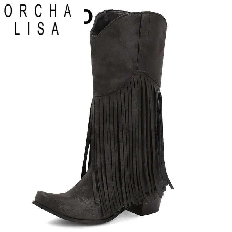 

ORCHA LISA Женские ботинки в стиле вестерн с бахромой и квадратным носком на блочном каблуке 5,5 см, замшевые слипоны из флока, большие размеры 46 47 48 Ботильоны для отдыха в стиле ретро