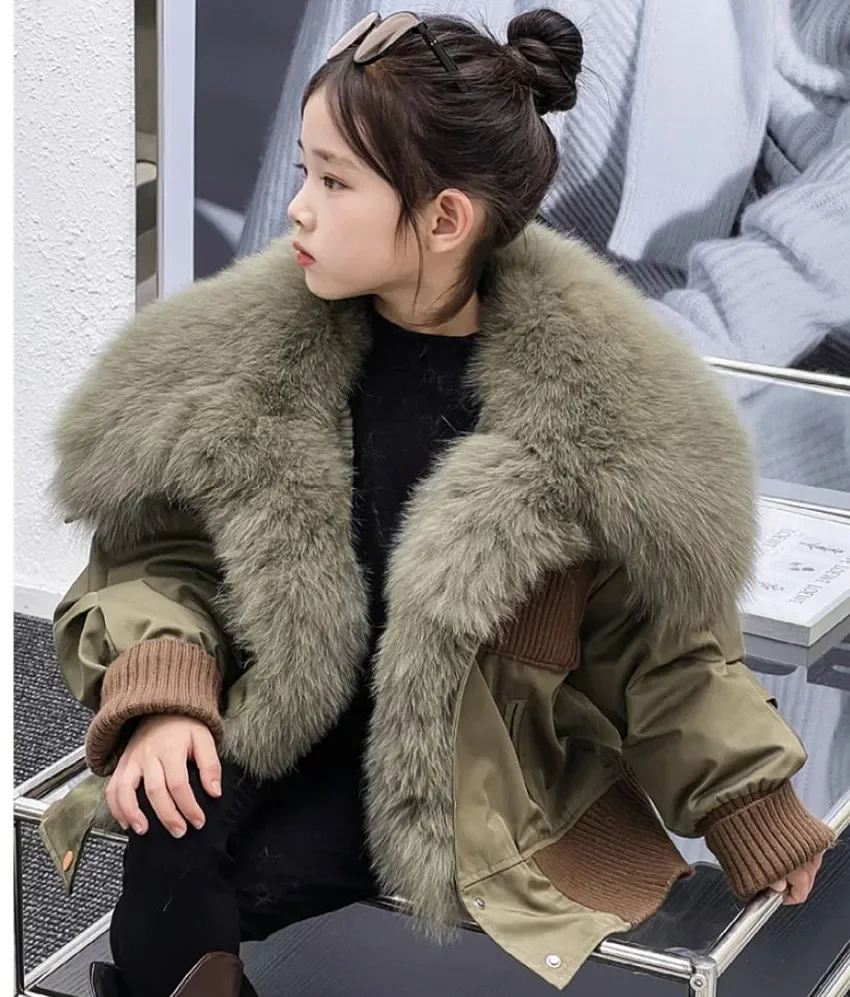 Winter New Children\'s Fur Coat Big Fox Fur CollarRex Rabbit Hair Inner Parkas Overcoat Thicker Warm Jackets For Boys Girls A3108