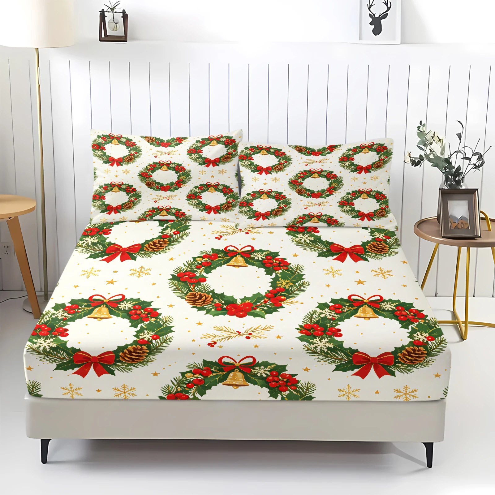 Christmas Wreath Fitted Sheet Set Xmas Garland Bell Pine Cone Print Elastic Mattress Cover With Pillowcases Holiday Bedding Set