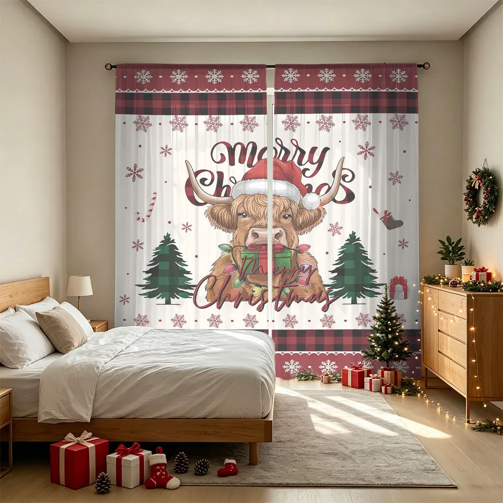 2pcs Highland Cow Snowflake Christmas Rod Pocket Curtains Double Panel Window Drapes For Living Room Bedroom Holiday Decor Pr