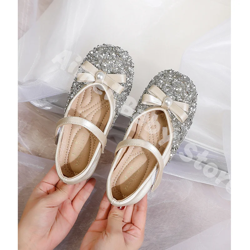 Pink Childrens leather Flat Single Shoes Girls Kids Rhinestone Bowknot Princess Shoes For Wedding And Party Girl Dance Shoes