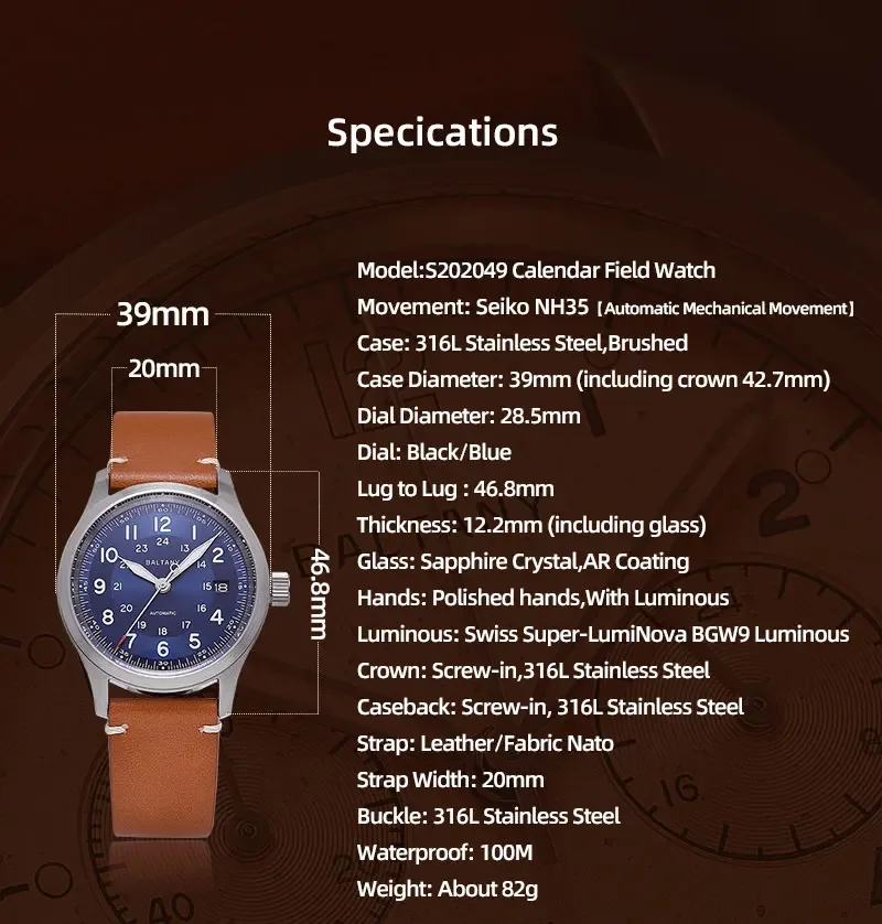 Baltany 2023 Military Field Automatic Mechanical Watches NH35 Automatic Sapphire 100M Waterproof Calendar Vintage Homage Watches