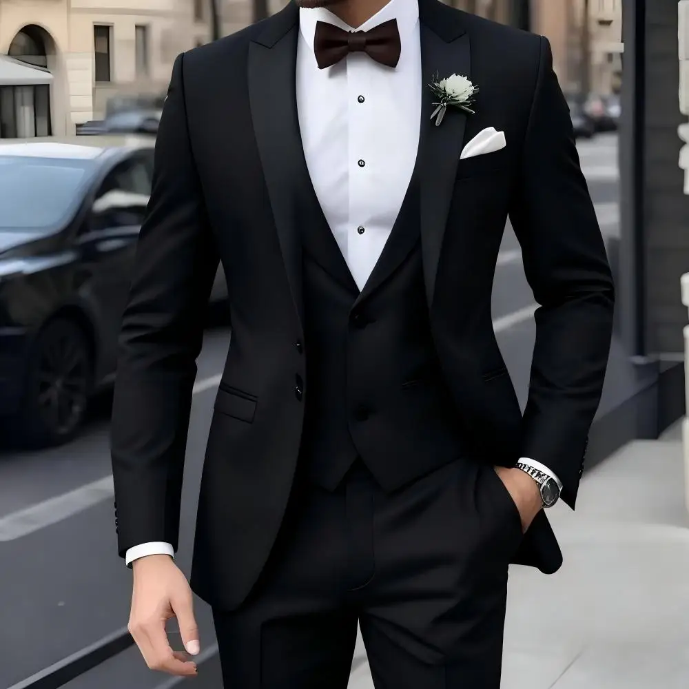 Men's 3 Piece Tuxedo Suit Slim Fit Peak Lapel Contrast Satin Lapel Blazer Vest Pants Multi Colors Groom Wedding Formal Suit For