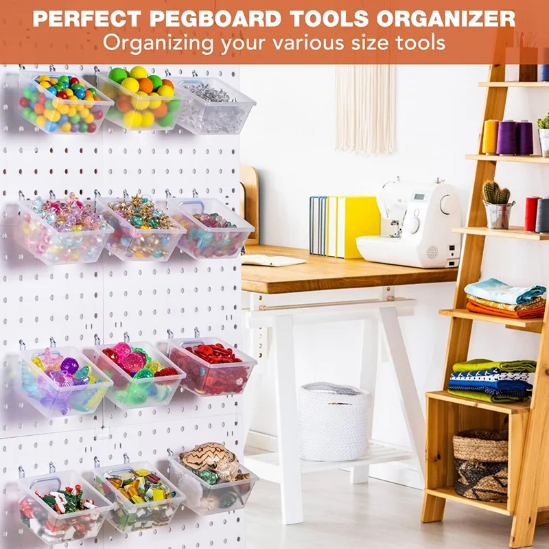 6 Pack Pegboard Clear Bins, Pegboard Bins Hooks, DIY Pegboard Accessories, Workbench Small Bins Fit 1/4 -1/8 Peg Board