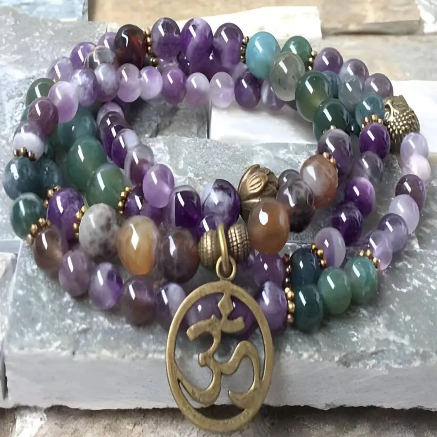

6mm Amethyst Green Agate Gemstone Mala Necklace 108 Bead Meditation Hand Chakra Gemstone elastic Chaplet Natural stone Mala