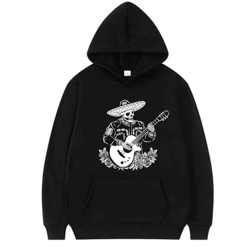 

Skeleton Playing Guitar Day of The Dead print Hoodie Men Women vintage hip hop streetwear Unisex Fleece Long sleeve Sweatshirt