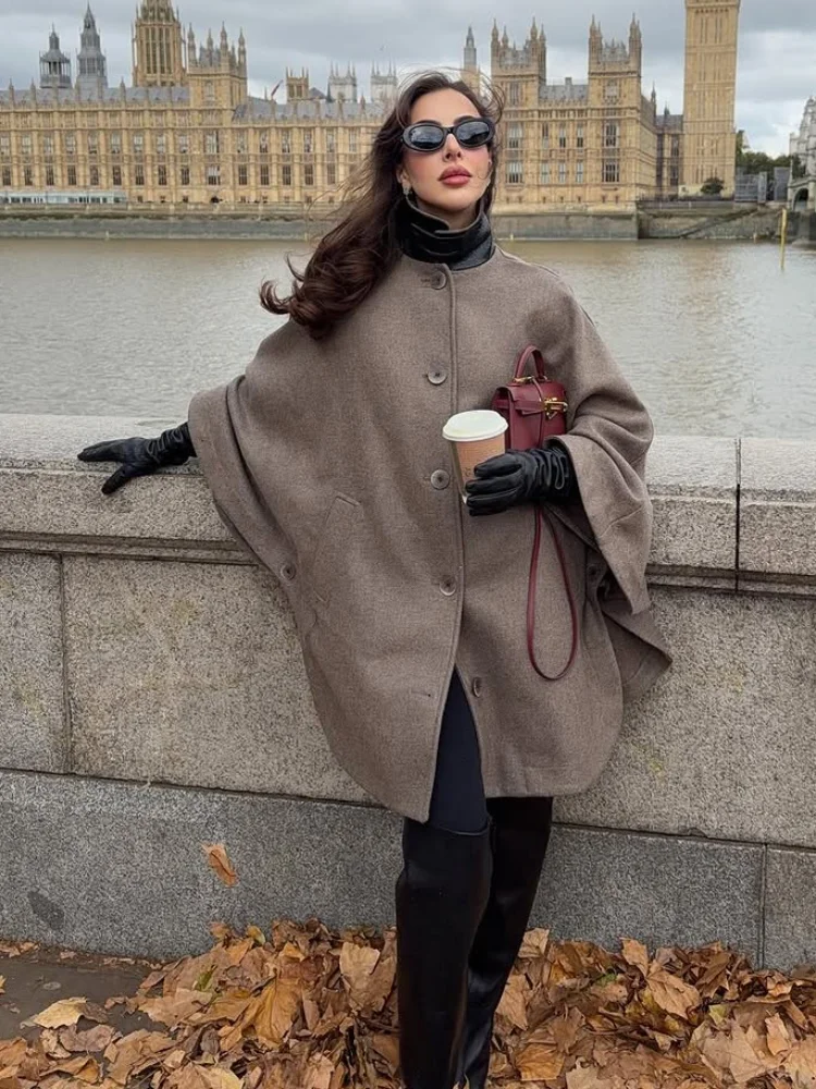 

Повседневное женское шикарное шерстяное пальто с кожаным воротником, однобортное свободное пальто с карманами, модная женская повседневная офисная верхняя одежда 2025 года