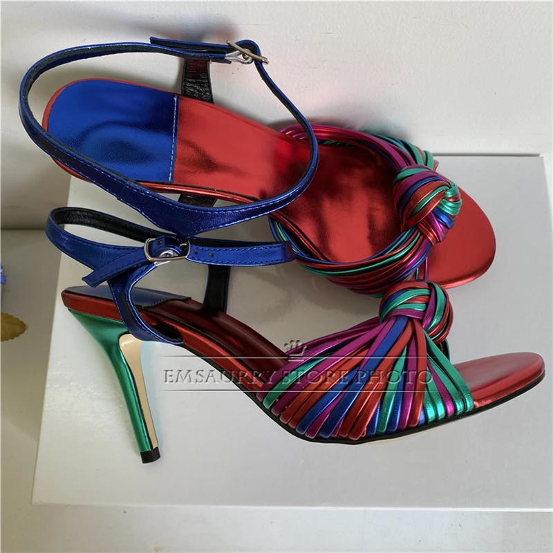 Genuine Leather Ankle Strap Sandals Women Thin High Heel Colorful Narrow Band Bowknot Modern Summer Shoes