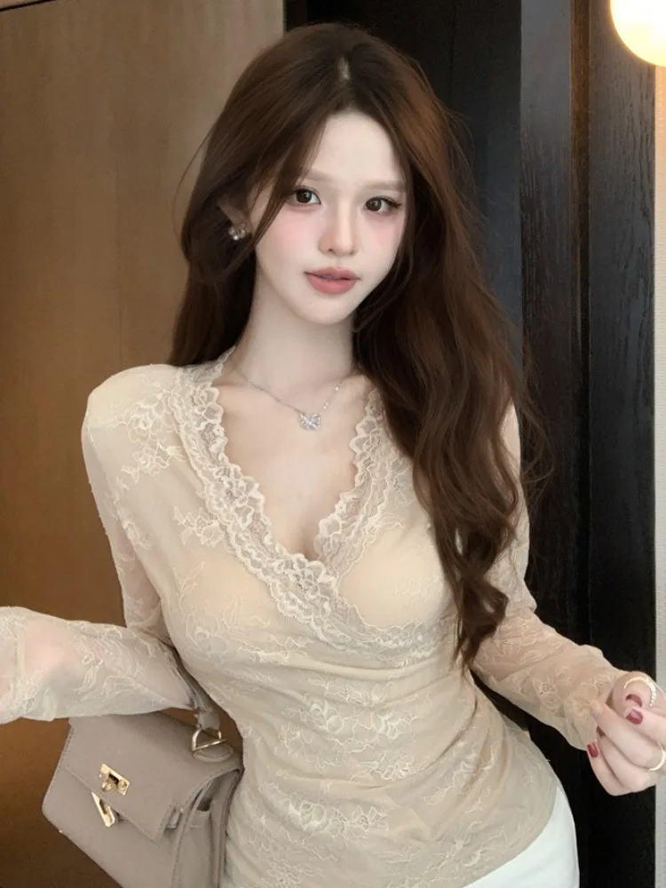 

Sweet Lace Slim Fit V-Neck Long Sleeve Women's Top Summer New Style UV Protection Design Waist-Cinching French Style Blouse