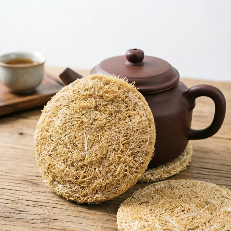 8cm Natural Loofah Tea Coaster  Absorbent Non-slip Heat Insulation Eco-Friendly Handmade for Kung Fu Tea Set Home Decor