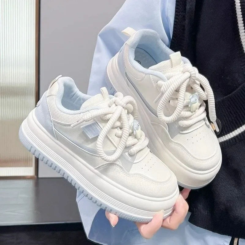 Harajuku Style White Blue Vulcanized Shoes Women Increased Lace-Up Height Sports Shoes Female Outdoor Thick Soled Casual Sneaker