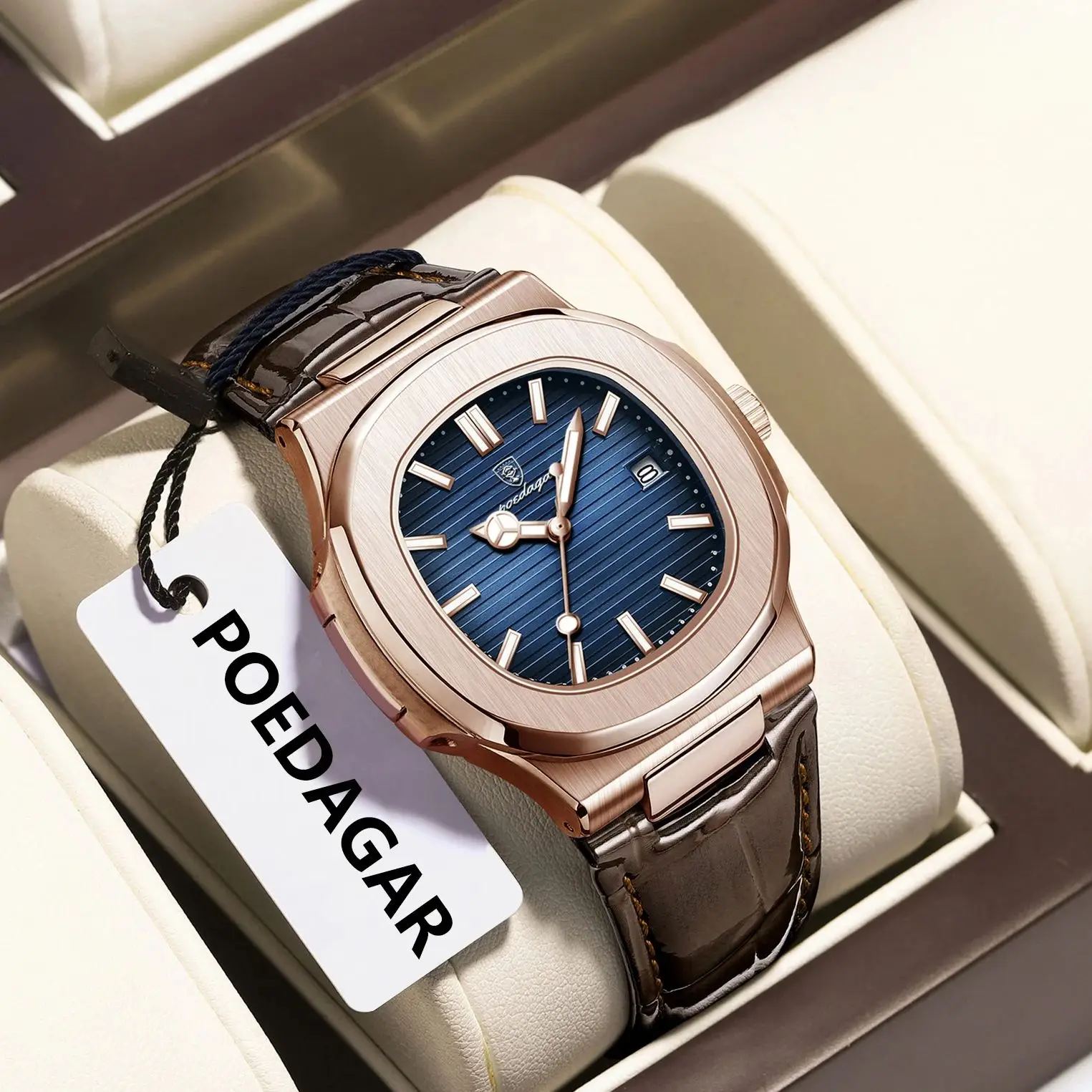 POEDAGAR Business Man Watch Date Waterproof Luminous Leather Classic Watches For Men High Quality Square Quartz Men's Wristwatch