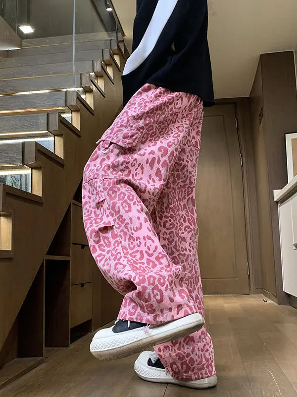 plus Size 300 Pounds American High Street Leopard Print Men's Jeans Loose Wide Leg Long Trousers Pink Trendy Street Style
