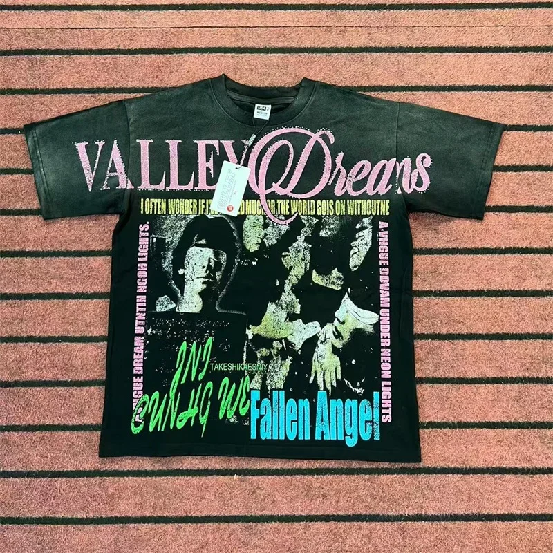 تي شيرت رجالي أسود بأكمام قصيرة من VALLEY مصنوع من القطن الخالص ملابس الشارع الأمريكية تي شيرت علوي