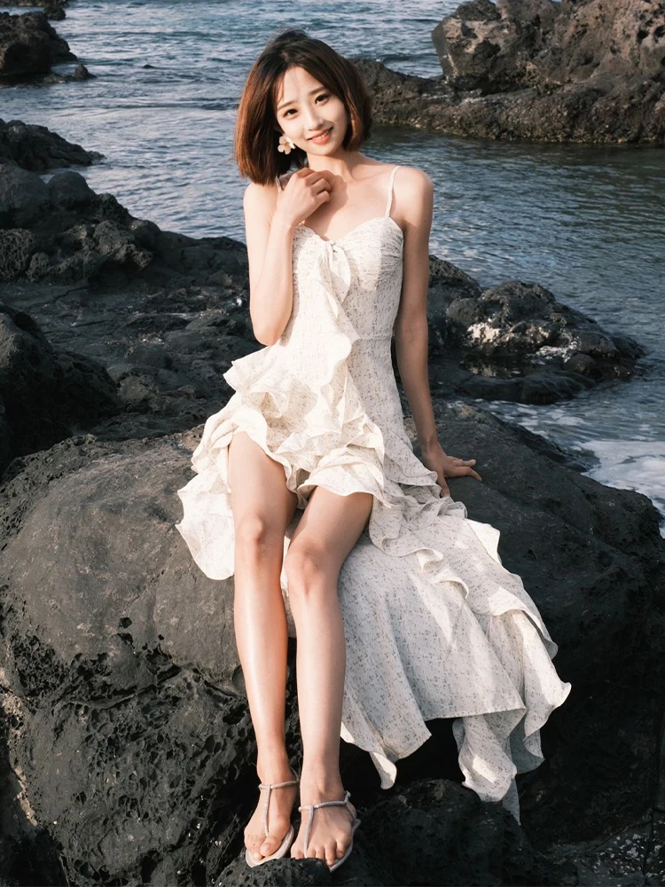 Summer Tea Break Floral Print Strapl Dr Beach Vaion Long Skirt Women's High Waist V-ne A-line Gown Irregular Hemline