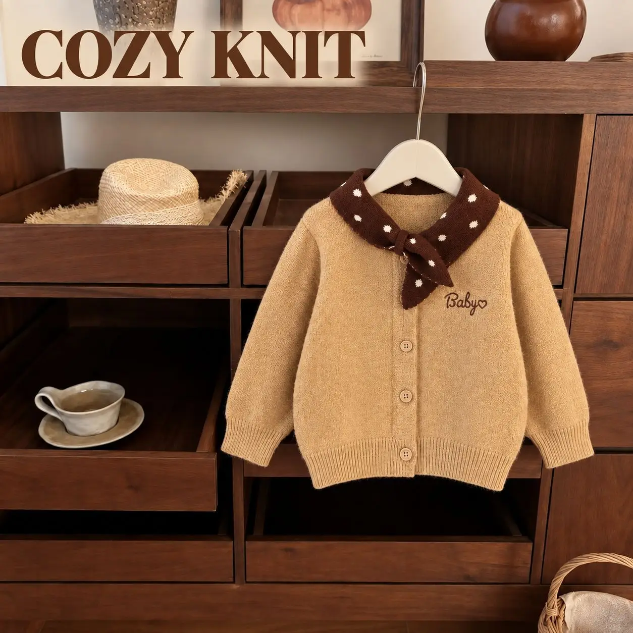 2026 New Fall Baby Girls Polka Dot Scarf Collar Knit Cardigan | Korean Vintage Button-Up Outwear | Versatile Long Sleeve Top
