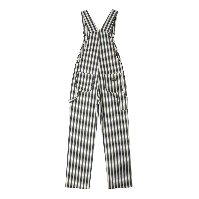 Amekaji Vintage Men's American Retro Motorcycle Overalls Striped Bib Denim Jumpsuit 100% Cotton Autumn Pants Heavyweight