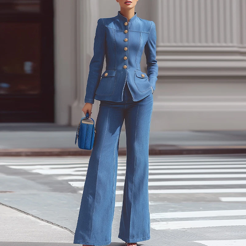 

Krisstarsgirl Woman Spring Fall Blue Vintage 2 Piece Set 2026 Long Sleeves Stand Collar Jackets High Waisted Pants Ladies Sets
