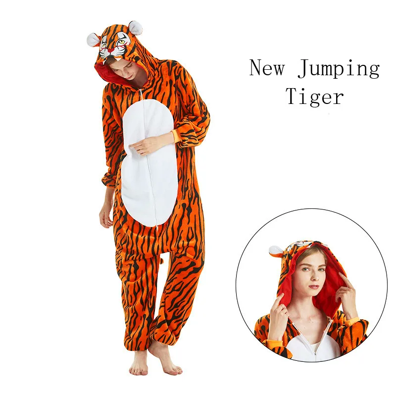 Kigurumi Deer Fox Lion Tiger Animal Cartoon Onesies Flannel Pajamas Women Men Hooded Sleepwear Jumpsuits Anime Cosplay Costumes