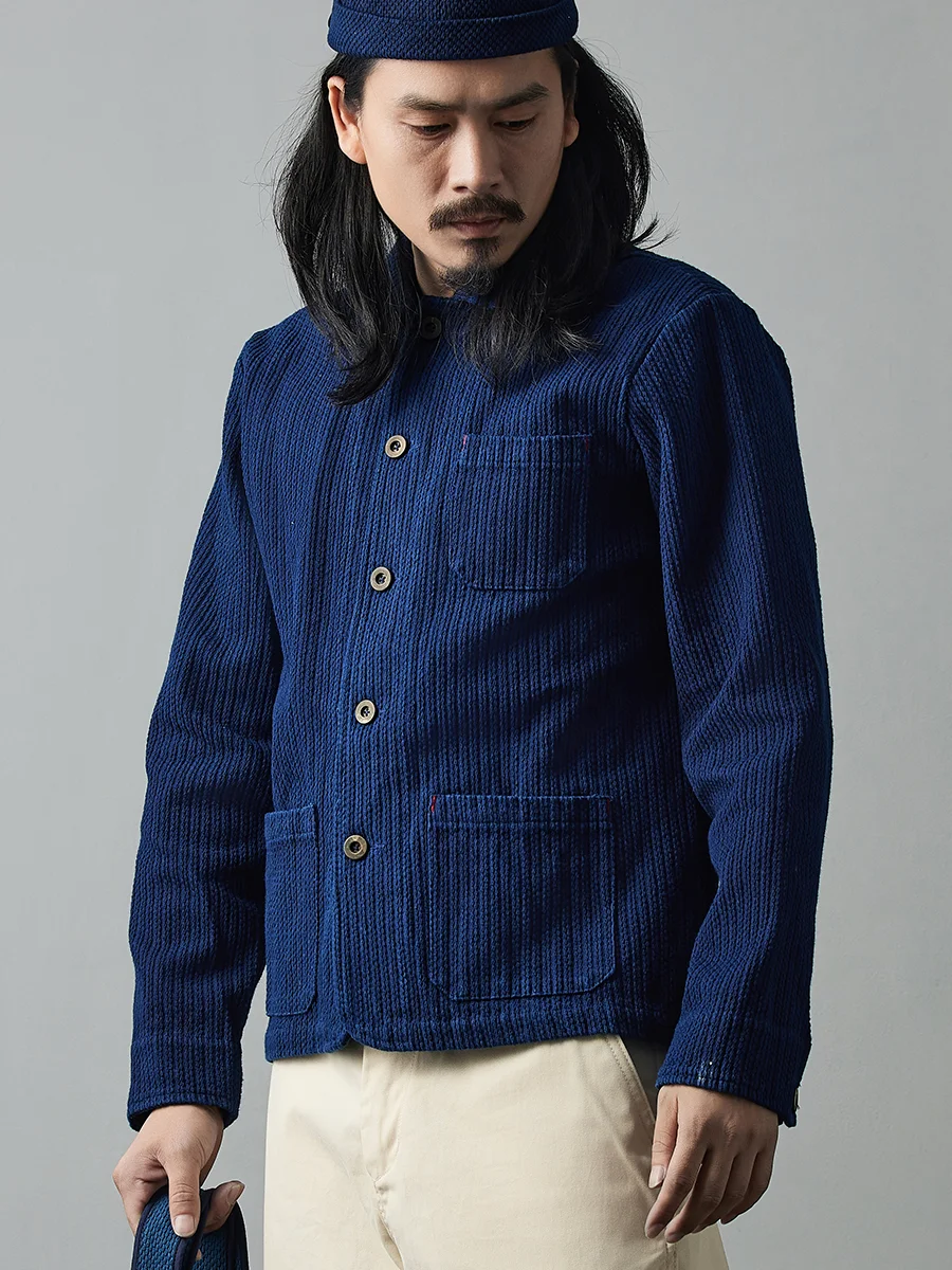

Indigo Handmade Plant Blue Dyed Jacket Casual Versatile French Work Jacket Sashiko Long-Sleeved Jacket