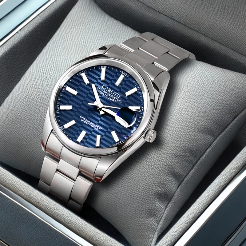 

Женские серебристо-синие модные минималистичные универсальные механические часы со стальным ремешком и календарем.