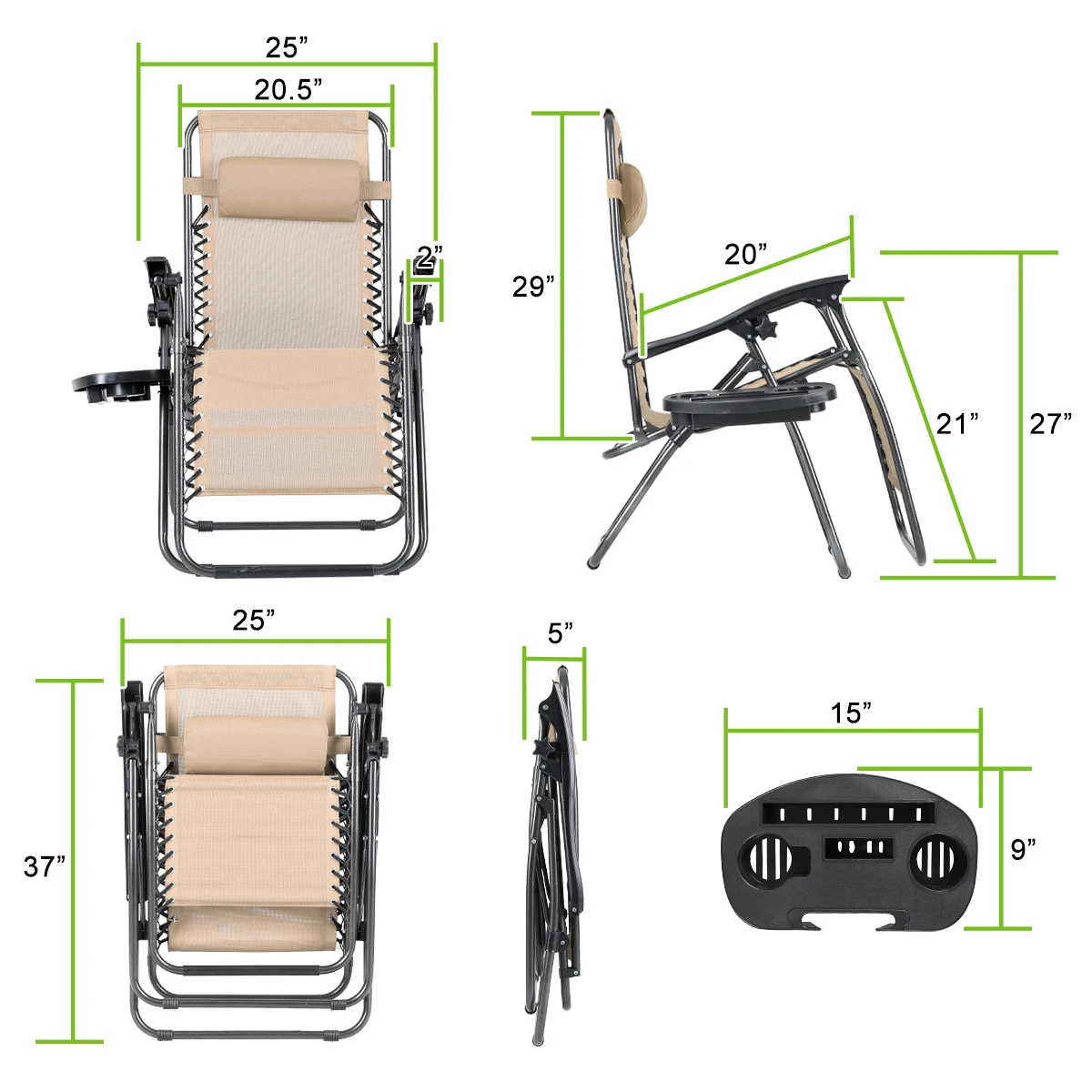 2X Zero Gravity Lounge Chairs Folding Recliner Holder Tray Outdoor Beach Patio