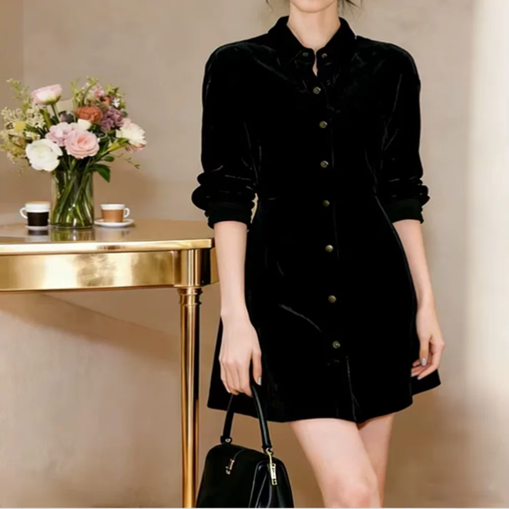 

Ele Bla Velvet irt Dr Women's Winter Hepburn Sle Par Conference Ball Gown Long Sve Slim Fit Stand Collar