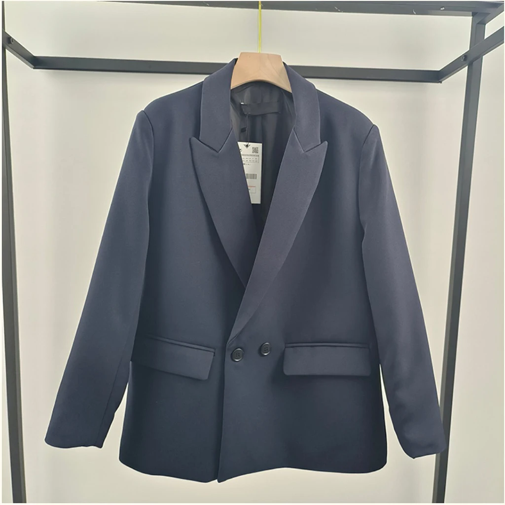 Nuovo autunno inverno moda donna Versatile risvolto manica lunga doppio petto drappo Casual sciolto dritto Blazer Femal