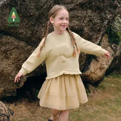 Amila Childrens Skirt Suit 2024 Autumn New Girls Sweater Short Skirt Loose Casual Solid Color Sweet Skin-Friendly Clothing