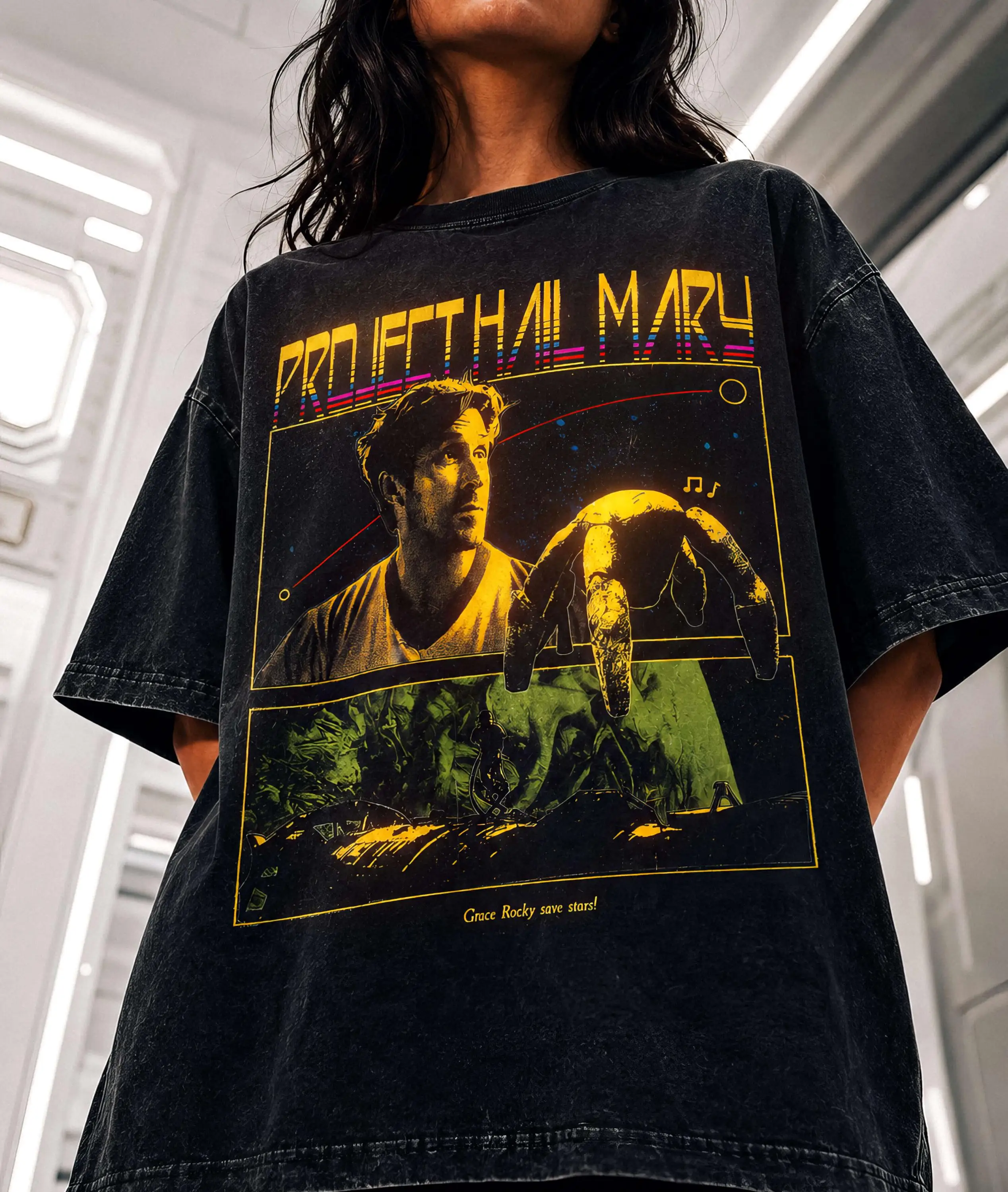 Project Hail Mary Vintage Acid Wash T-Shirt, Ryan Gosling Sci-Fi Graphic Tee, Rocky Retro Space Movie Unisex Washed