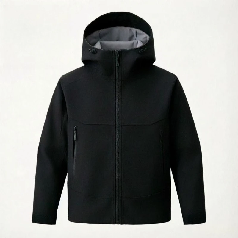 Soft Shell Jackets Unisex Splice Zipper Pocket Drawstring Hat Windproof Windbreakers Hooded Coat Outdoor Streetwear Hiking Coats