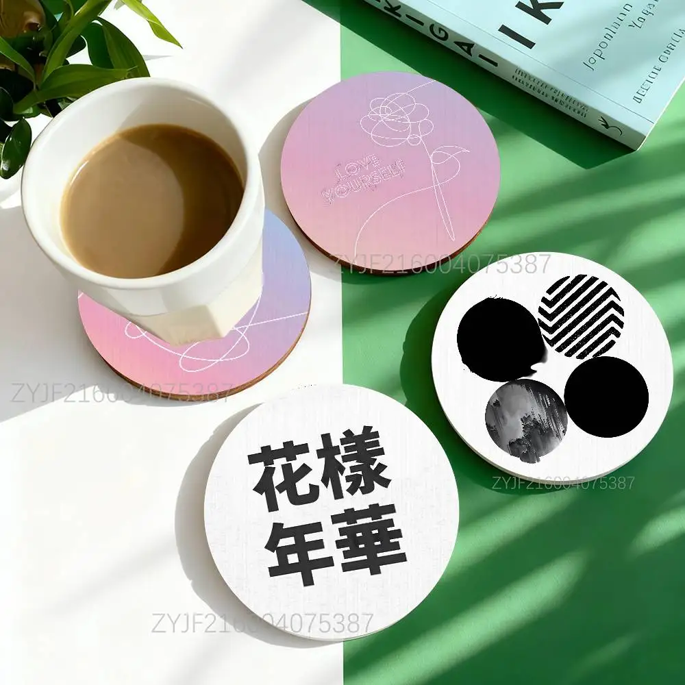 

L-Love Yourself Young Forever Round Wooden Coasters Heat Resistant Non-slip Drink Cafe Decoration Flat Color Print Coasters Set