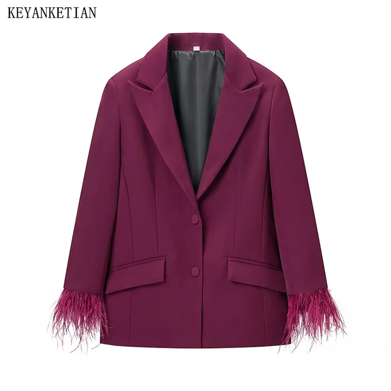 KEYANKETIAN Spring New Women's Clothing Single Breasted Long Sleeved Feather Decorated Flip Pocket Office Suit Women Coat